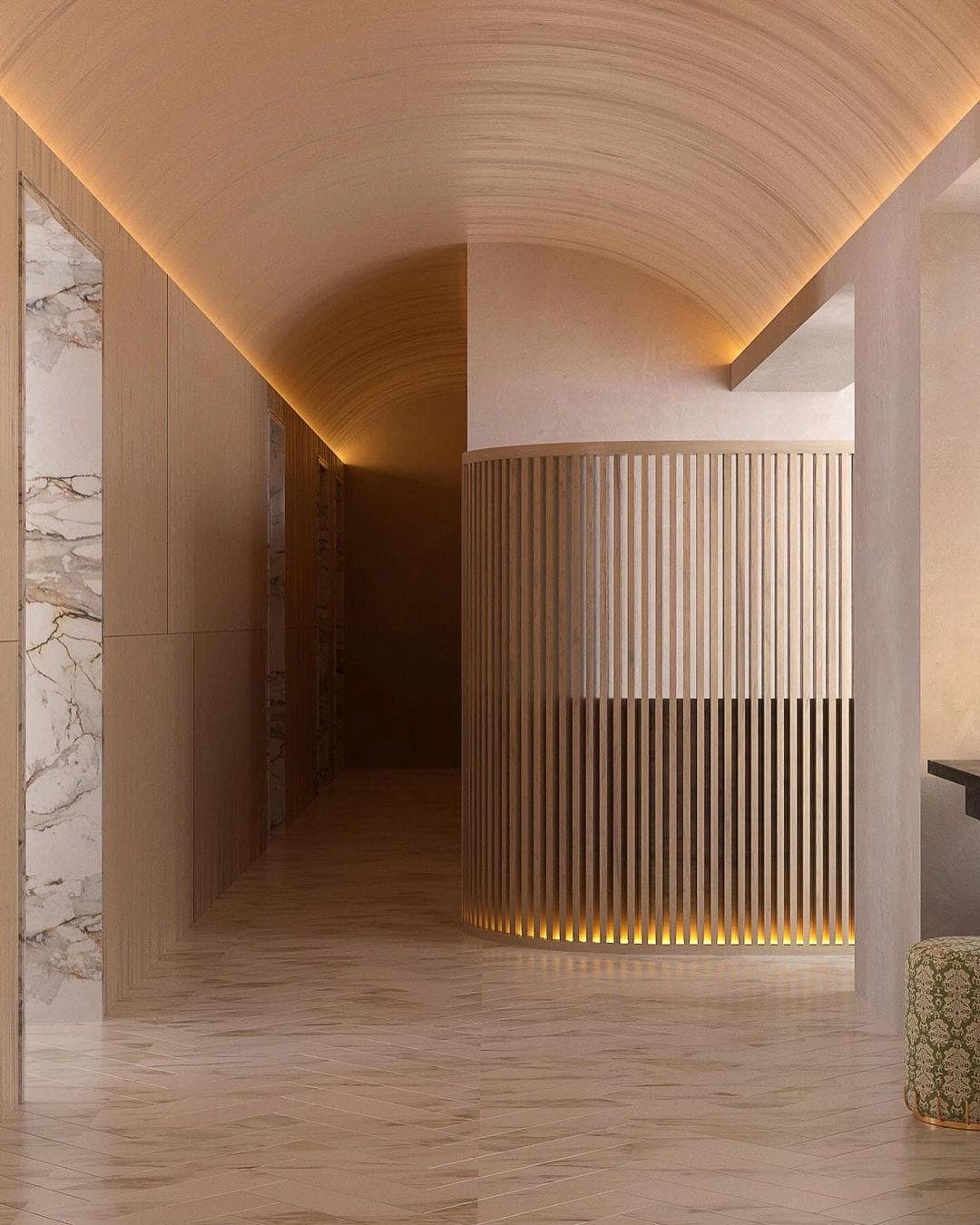 Vaulted corridor with light-wood screen