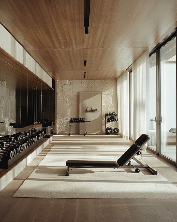 Minimalist lounge with clean lines and overhead natural light