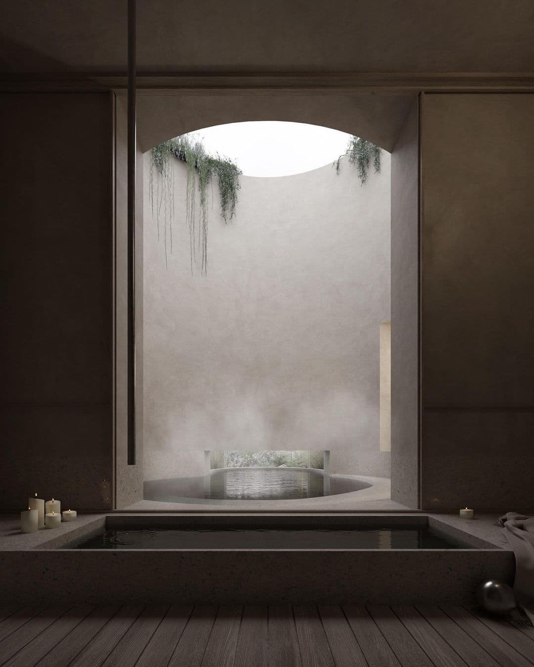 Stone bathroom bathed in overhead light