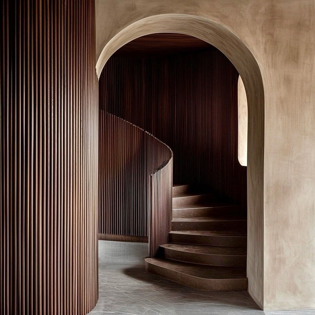 Dark wood staircase beneath a mineral archway